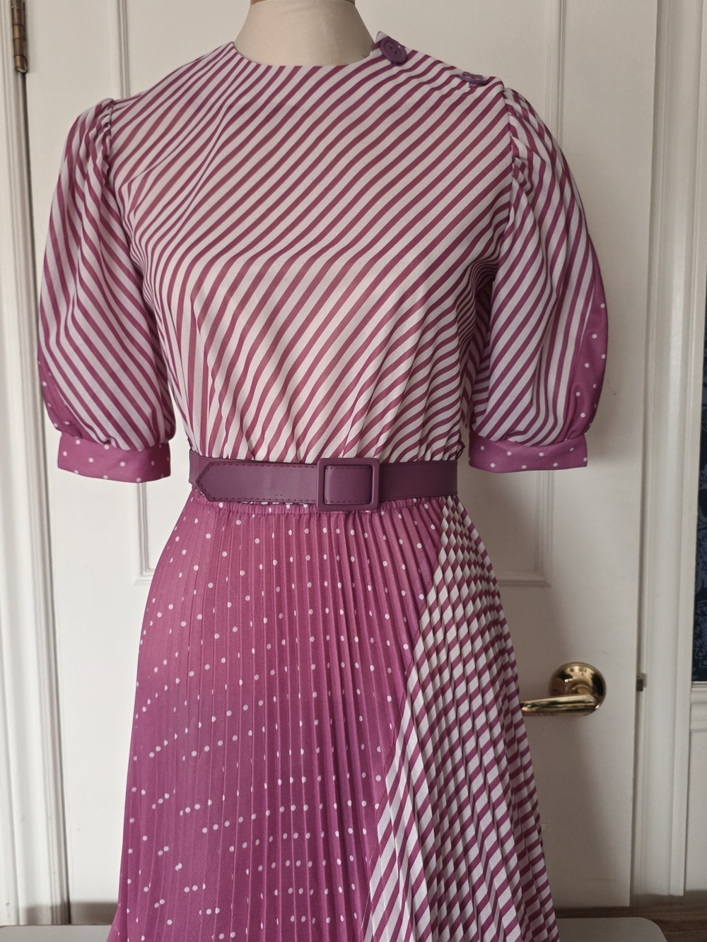 Sears Vintage 70s, 80s striped & Dot Midi Dress in Rose Pink with Belt Sz Med